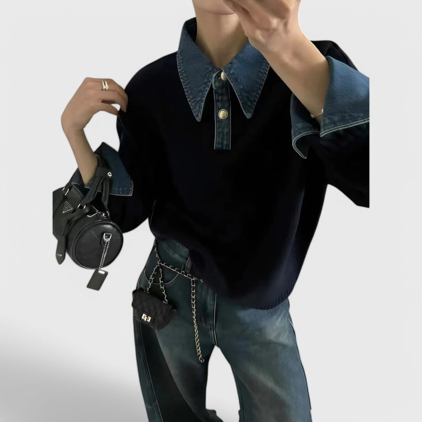 Tørklædesweater med denimkrave til kvinder