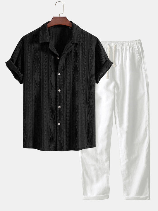 Geometrisk Jacquard skjorte og linnedbuksesæt